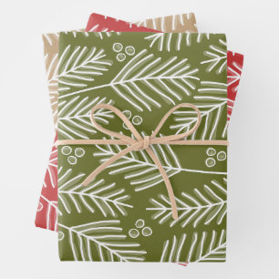 Green Branches Merry Calligraphy Red kraft Wrapping Paper Sheet