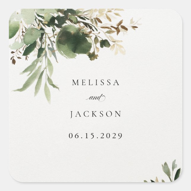Green Branches Wedding Square Sticker (Front)