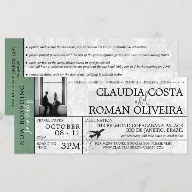 Green Brazil Wedding Boarding Pass Invitation (Front/Back)