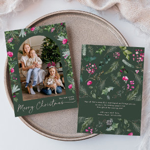 Green & Bright Pink Botanical Arch Christmas Photo Holiday Card