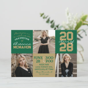 Green & Bronze Gold 3 Photo Graduation Invitation