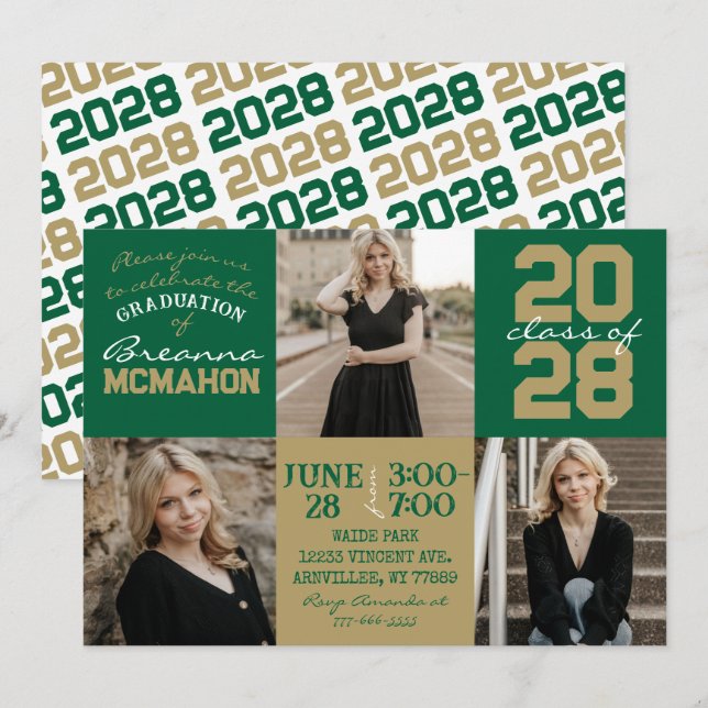 Green & Bronze Gold 3 Photo Graduation Invitation (Front/Back)