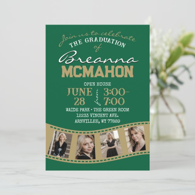 Green & Bronze Gold Filmstrip 5 Photo Graduation Invitation (Standing Front)