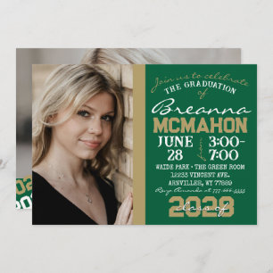 Green & Bronze Gold Graduation 2 Photo Invitation
