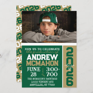 Green & Bronze Gold Graduation Photo Invitation