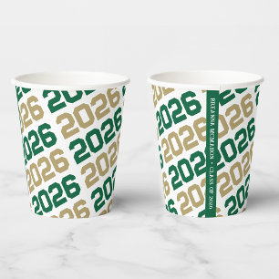 Green & Bronze Gold on White Class Year Graduation Paper Cups