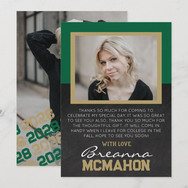 Green & Bronze Graduation Photo Thank You Card (Front/Back)