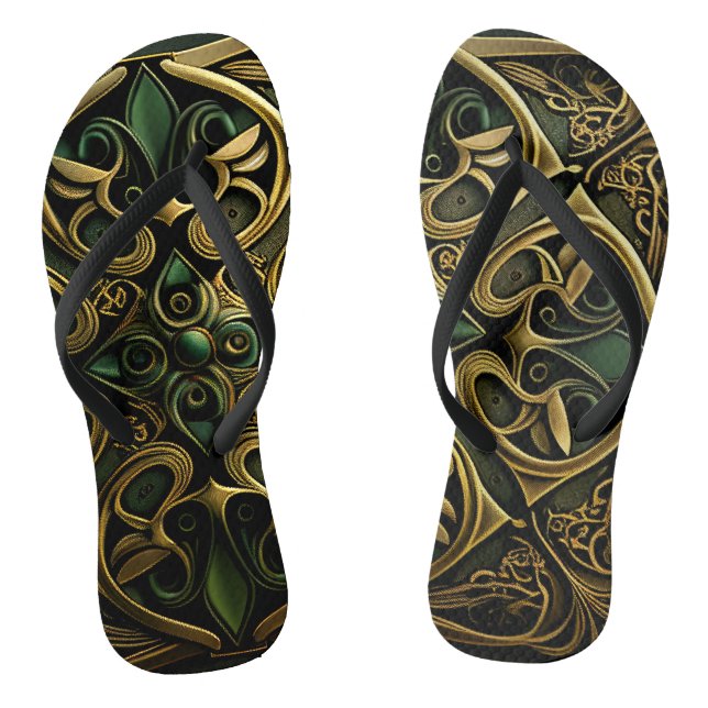 Green Bronze Ornamental Plaid Decoration Pattern Flip Flops (Footbed)