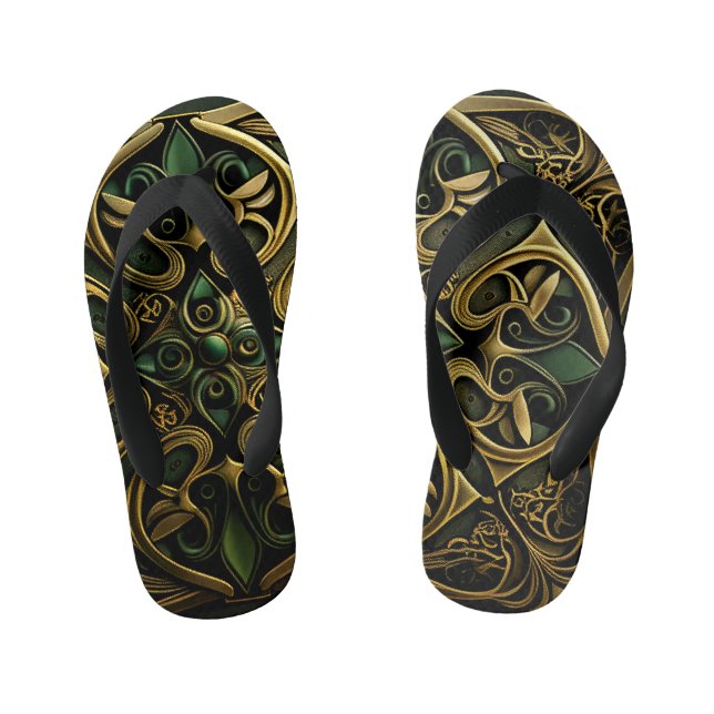 Green Bronze Ornamental Plaid Decoration Pattern Kid's Flip Flops (Footbed)