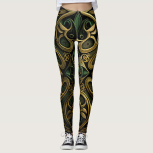 Green Bronze Ornamental Plaid Decoration Pattern Leggings