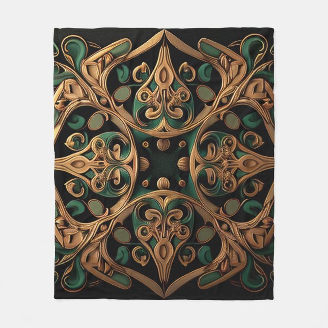 Green Bronze Ornamental Plaid Pattern Decoration Fleece Blanket (Front)