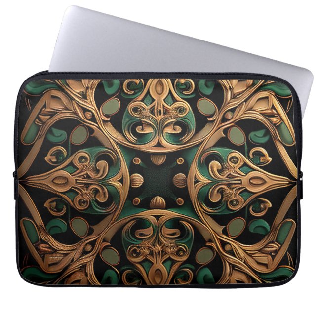 Green Bronze Ornamental Plaid Pattern Decoration Laptop Sleeve (Front)