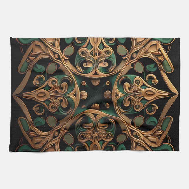 Green Bronze Ornamental Plaid Pattern Decoration Tea Towel (Horizontal)