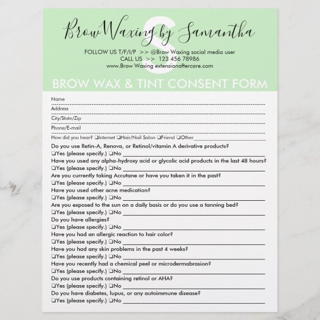 Green Brow Wax Tint Customer Consent Waiver Form Flyer (Front)