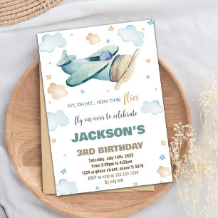 Green Brown Aeroplane Birthday Invitations
