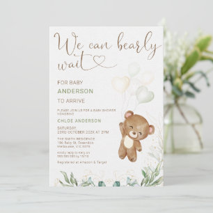 Green Brown Balloon We can Bearly Wait Baby Shower Invitation