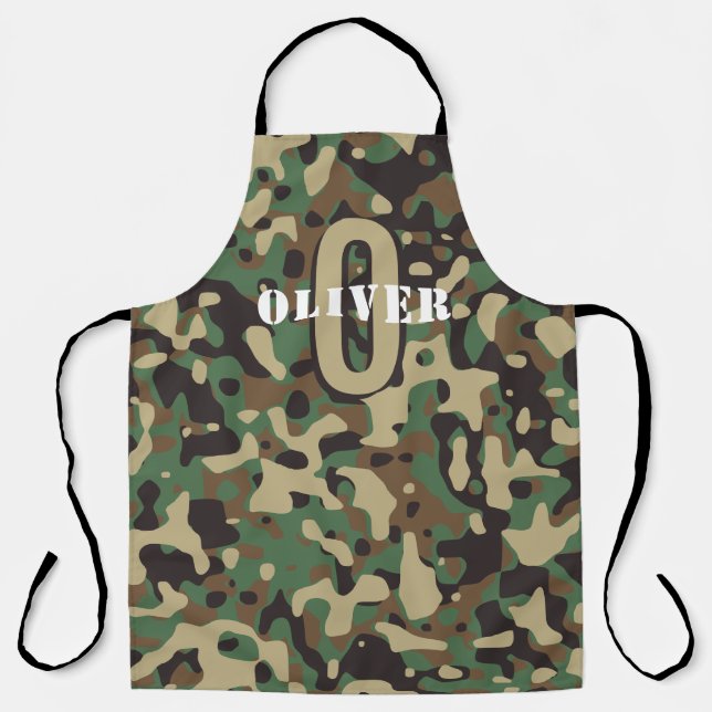 Green Brown Beige Camo Camouflage Monogram Name Apron (Front)