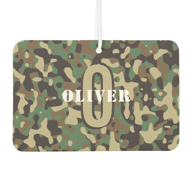 Green Brown Beige Camo Camouflage Monogram Name Car Air Freshener (Front)