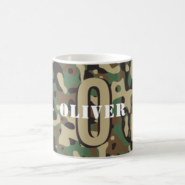 Green Brown Beige Camo Camouflage Monogram Name Coffee Mug (Center)