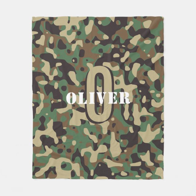 Green Brown Beige Camo Camouflage Monogram Name Fleece Blanket (Front)