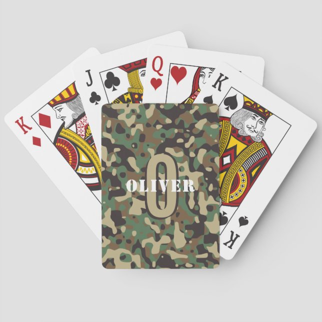 Green Brown Beige Camo Camouflage Monogram Name Playing Cards (Back)