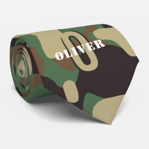 Green Brown Beige Camo Camouflage Monogram Name Tie