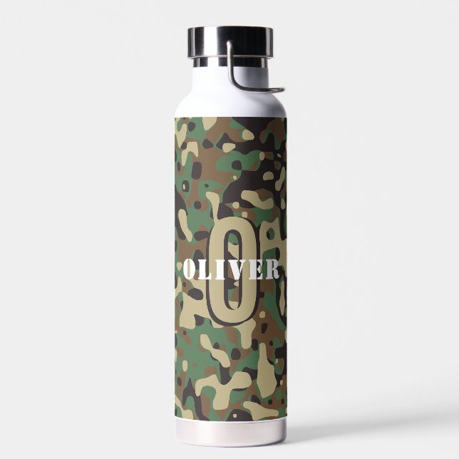 Green Brown Beige Camo Camouflage Monogram Name Water Bottle (Left)