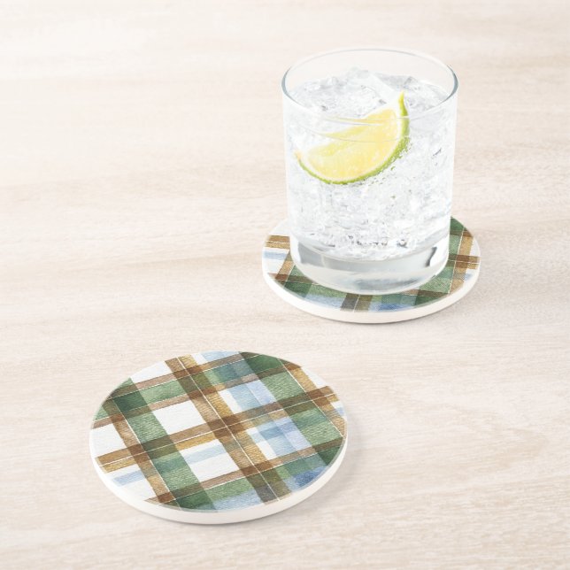 Green Brown Blue Plaid Stripes Coaster (Side)