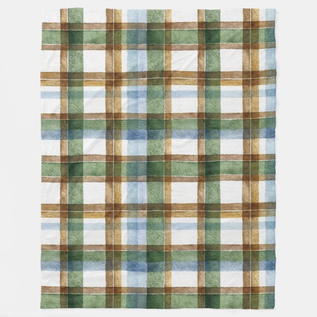 Green Brown Blue Plaid Stripes Fleece Blanket (Front)