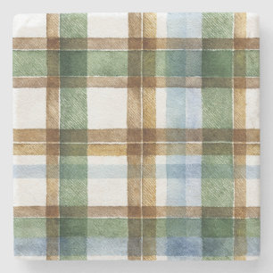 Green Brown Blue Plaid Stripes Stone Coaster
