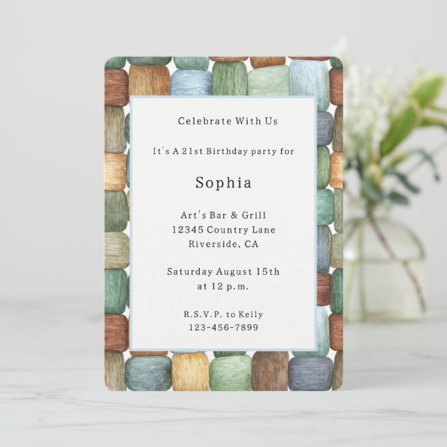 Green Brown Blue Yellow Squares Birthday Invitation (Standing Front)