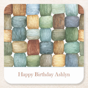 Green Brown Blue Yellow Squares Birthday Square Paper Coaster