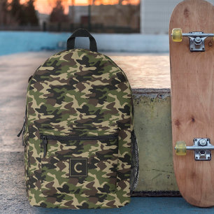 Green Brown Camouflage Pattern Monogram Printed Backpack