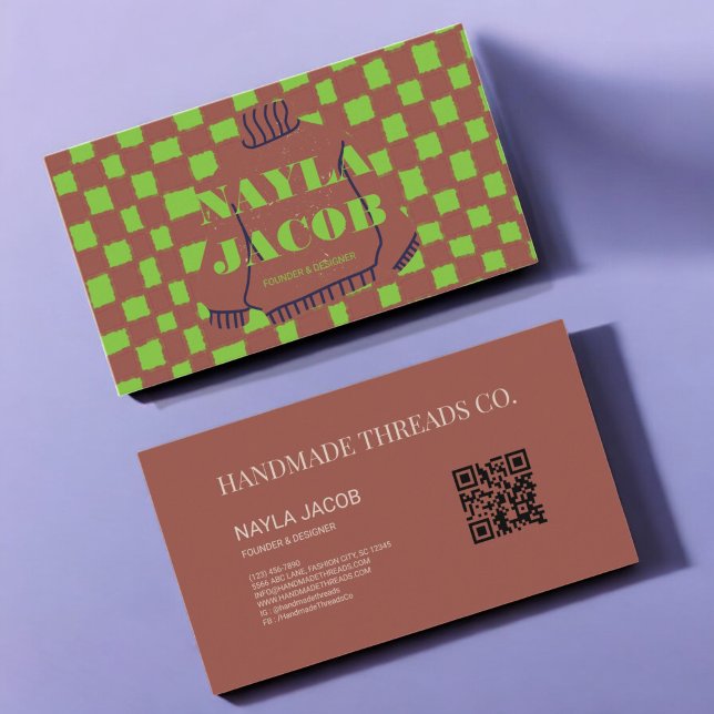 Green Brown Chequerboard Pattern QR Code Handmade Business Card (Creator Uploaded)