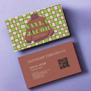 Green Brown Chequerboard Pattern QR Code Handmade Business Card