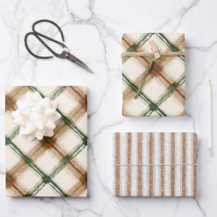 Green Brown Cream Plaid Stripes Birthday Wrapping Paper Sheet