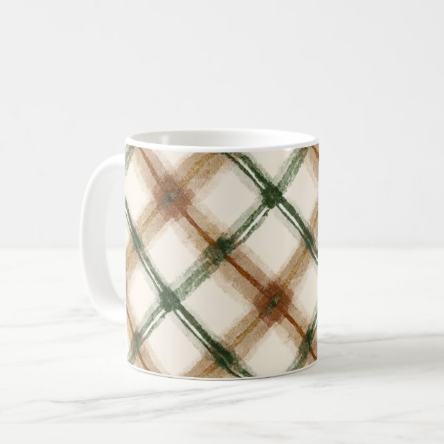 Green Brown Cream Plaid Stripes Coffee Mug (Front Left)
