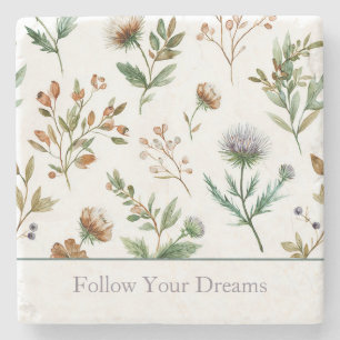 Green Brown Cream Purple Flowers Stone Coaster