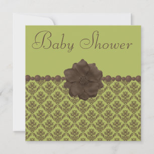 Green & Brown Damask, Flower & Pearls Baby Shower Invitation