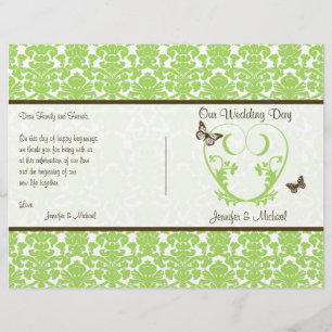 Green Brown Damask Heart Butterfly Wedding Program