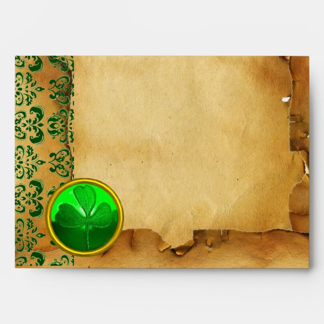 GREEN BROWN DAMASK PARCHMENT WITH SHAMROCK ENVELOPE (Front)