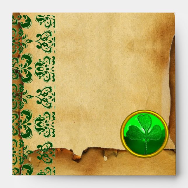 GREEN BROWN DAMASK PARCHMENT WITH SHAMROCK ENVELOPE (Front)