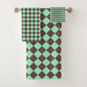 Green Brown Diamond Chequered Pattern Bath Towel Set