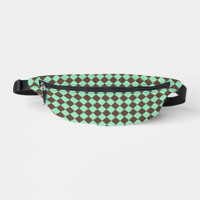 Green Brown Diamond Chequered Pattern Bum Bags (Front)