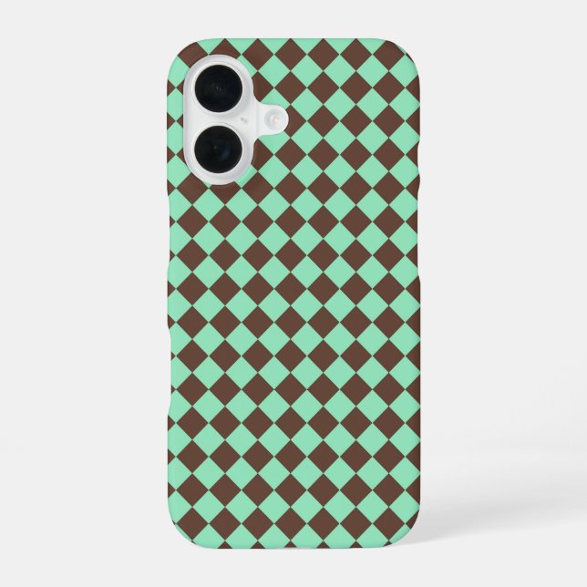 Green Brown Diamond Chequered Pattern iPhone 16 Case (Back)