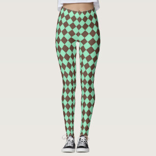 Green Brown Diamond Chequered Pattern Leggings
