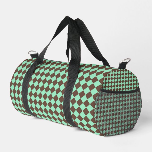 Green Brown Diamond Chequered Pattern Small Duffle Bag (Right Corner)