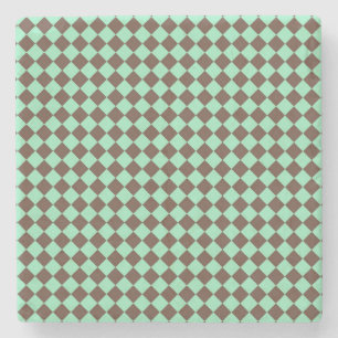 Green Brown Diamond Chequered Pattern Stone Coaster