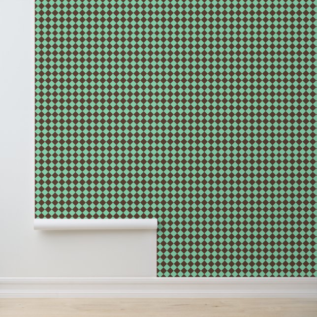 Green Brown Diamond Chequered Pattern Wallpaper (Application)