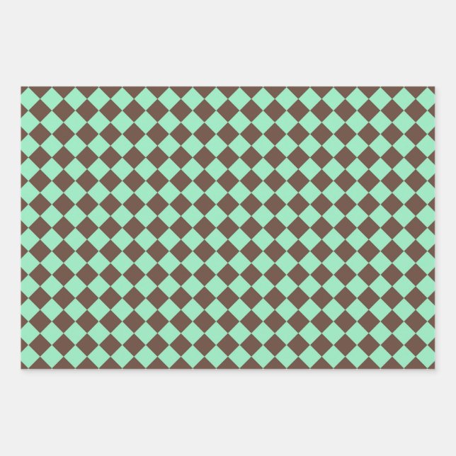 Green Brown Diamond Chequered Pattern Wrapping Paper Sheet (Front)